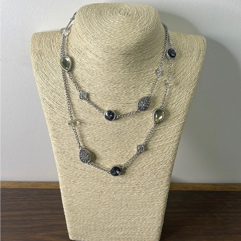 LOFT Long Glass Crystal Silver Chain Necklace